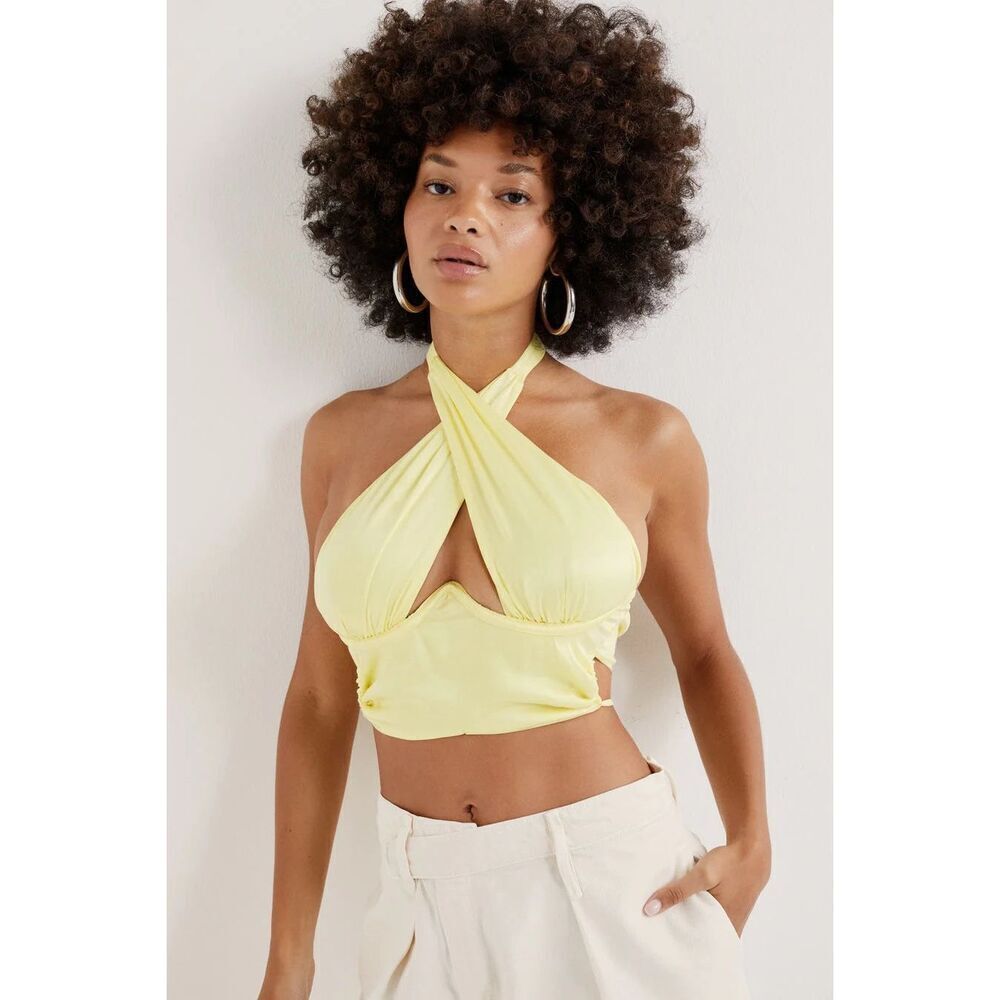 NWT For Love & Lemons Rana Cross Front Yellow Crop Top Size Medium